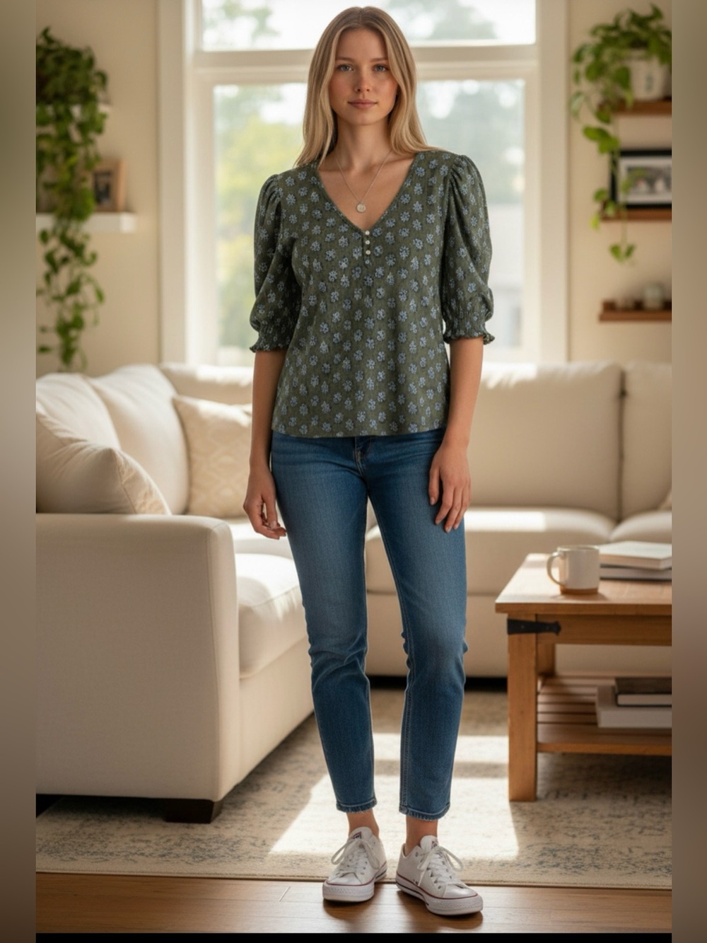 Lucky Brand Olive Green Floral Knit Henley Top Vneck Will fit a Small
